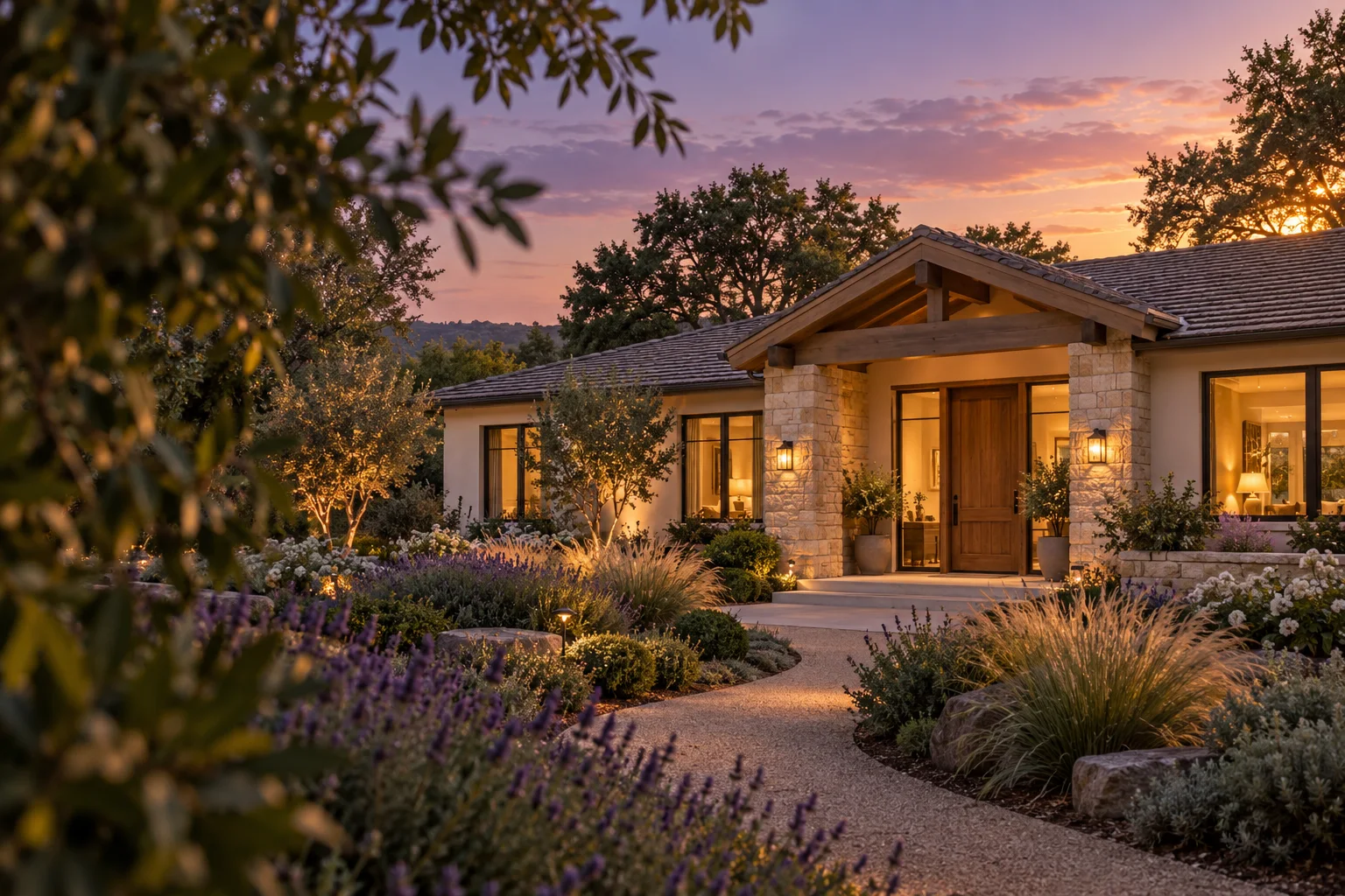Conceptual image of a welcoming home in a sunlit garden